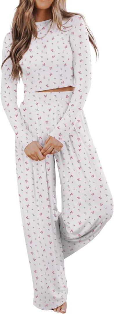 Ezbelle womenss Fall Fashion Lounge Sets Pajama Two Piece Cropped Pullover Jammies Outfits Casual Loungewear (Medium, White Pink)