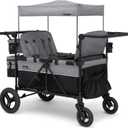 Jeep Wrangler Deluxe 4 Seater Stroller Wagon by Delta Children - Premium Quad Stroller Wagon for 4 Kids with Convertible Seats, Adjustable Push/Pull Handles, Removable Canopy & Flat Fold, Grey