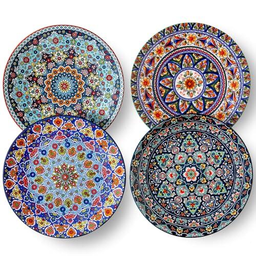glowworm Dinner Plates Set of 4, 10.5 Inch Ceramic Plates for Steak, Dishes Set for Kitchen, Housewarming Gift，Microwave, Oven & Dishwasher Safe, Bohemian
