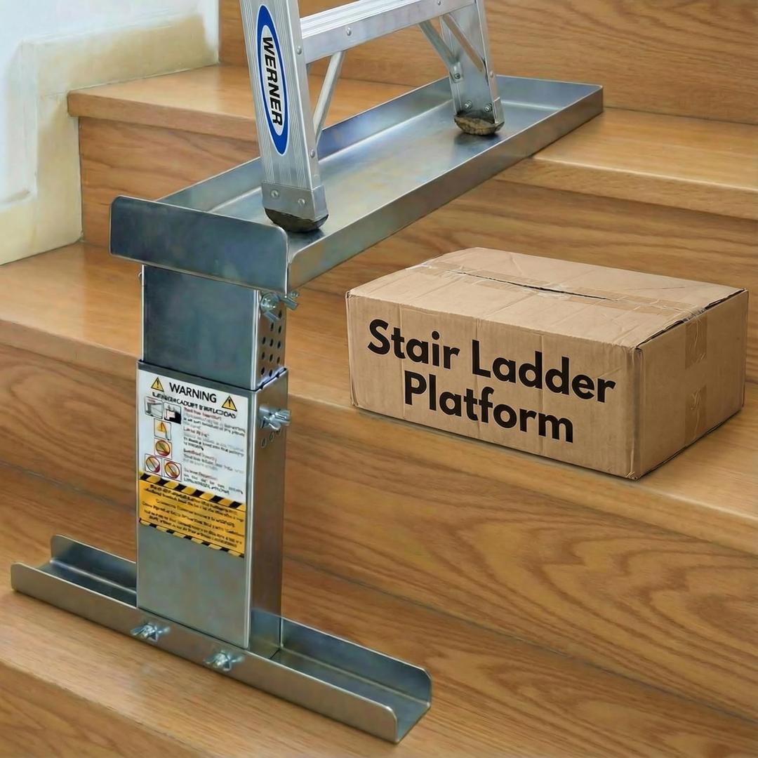 Renovatio Stair Ladder Platform  Ladder Extender & Ladder Leveler for Stairs, Heavy-Duty Adjustable Stabilizer Feet, Galvanized Steel Stairwell Scaffold Platform, 450 lb Load, 24" x 5.5"