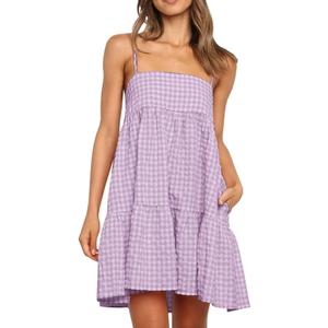 Womens Plaid A-line Dresses Shoulder Straps Ruffle Hem Casual Mini Dress with Side Pocket (Purple, Medium)