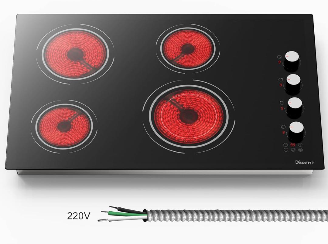 30 Inch Electric Cooktop 4 Burner - Built-in(29.13"x19.3") Ceramic Stove Top 6700W, 30" Electric Cook Top with Timer, Safety Lock, Pause, Dual Ring, 220V - 240V Hard Wired (White Knob)