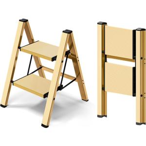 Taranta 2 Step Ladder,Aluminum Lightweight Folding 2 Step Stool with Anti-Slip Wide Pedal,330lbs Capacity Step Ladder for Household,Kitchen,Office - Gold