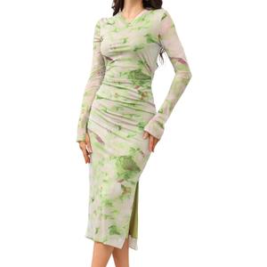 Women's Sexy Mesh Maxi Dress Y2K Flared Long Sleeve Floral Printed Side Slit Ruched Bodycon Party Long Dresses (15green)