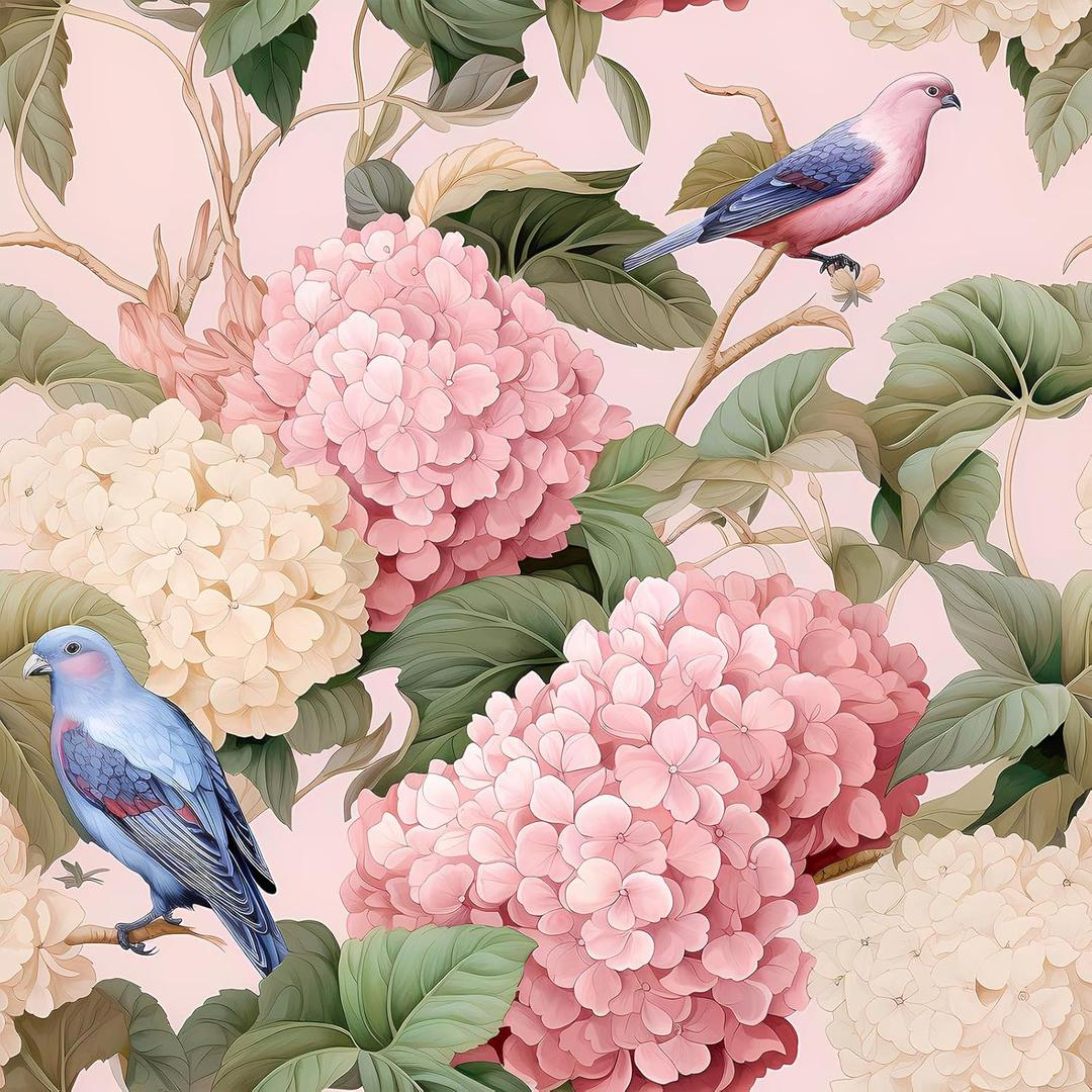 VEELIKE Pink Hydrangea Floral Wallpaper with Birds Peel and Stick Chinoiserie Wallpaper for Bedroom Bathroom 17.7''x118'' Self Adhesive Removable Bird Wall Paper Pink Contact Paper for Walls Cabinets