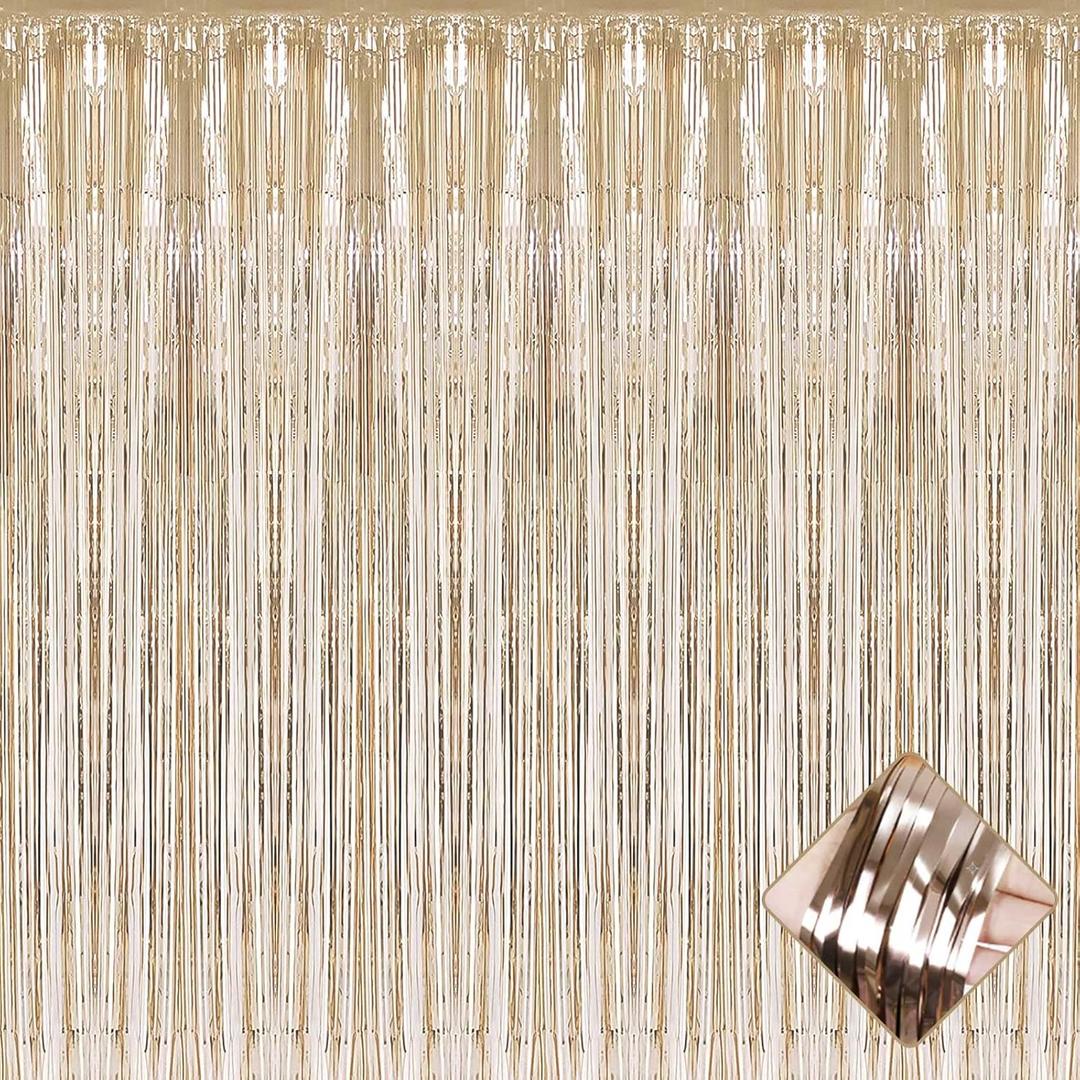4 Pack 3.2Ft x 8.2Ft Champagne Gold Foil Fringe Curtain Backdrop, Metallic Tinsel Foil Fringe Streamers Curtains Background for Photo Booth, Birthday, Wedding, Halloween, Christmas Party Decoration