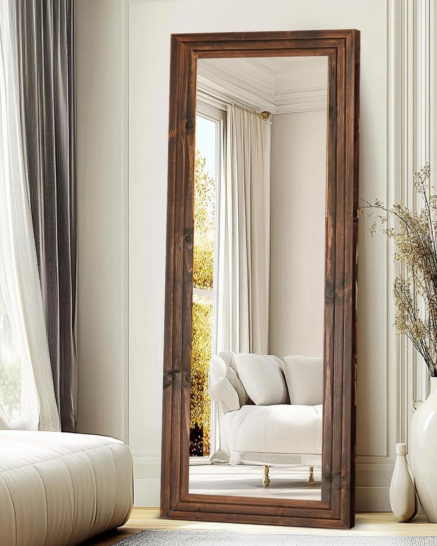 Full Length Mirror 65"x24" Solid Wood Frame Floor Large Mirror for Living Room, Bedroom Hanging or Leaning Wall-Mounted, Brown