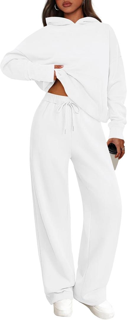 PRETTYGARDEN Women's 2 Piece Outfits Spring Sweatsuits Oversized Hoodies Wide Leg Sweatpants Tracksuits Lounge Matching Sets (White, L)