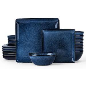 E-far Square Dinnerware Sets for 8, 24-Piece Stoneware Plates and Bowls Dishes Set, Reactive Glaze Porcelain Dishware Sets, Chip & Scratch Resistant, Microwave & Dishwasher Safe, Deep Sea Blue