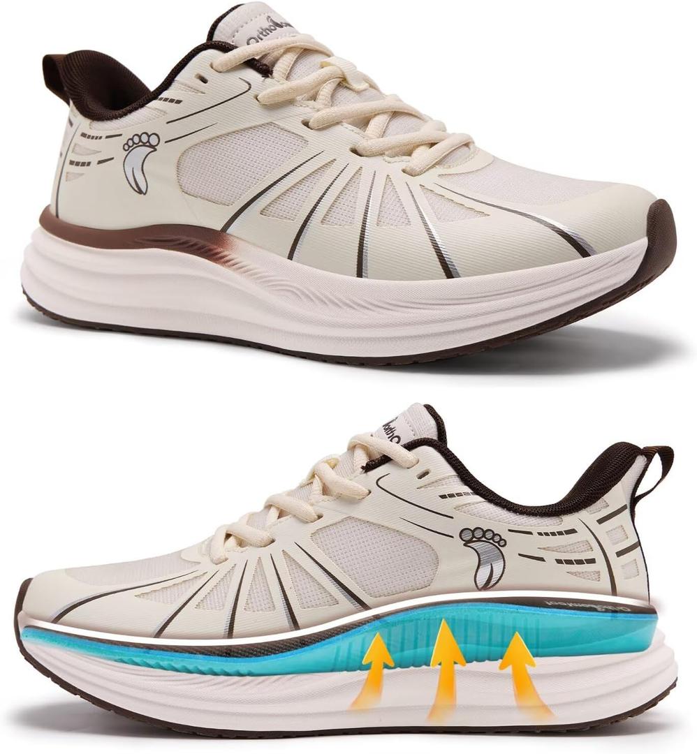 Men's Orthopedic Road Running Shoes: Comfortable Casual Arch Support Plantar Fasciitis Orthotic Sport Sneakers, Supportive Athletic Tennis Working Walking Shoes for Foot Heel and Pain Relief (11.5, W2-beige)