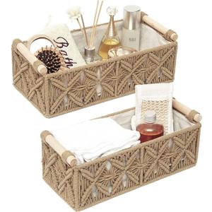 Macrame Storage Basket Boho Decor Baskets for Organizing Woven Decorative Basket for Countertop Toilet Paper Basket for Toilet Tank Top Shelf Basket with Handle for Bathroom Decor Nursery (Set of 2) (Beige)