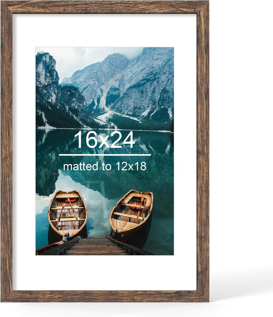 Hongkee 16x24 Frame, Rustic Brown Wood Style - Display Posters 12 x 18 with Mat or 16x24 without Mat, Wall Mounting Horizontal and Vertical, 1 Pack