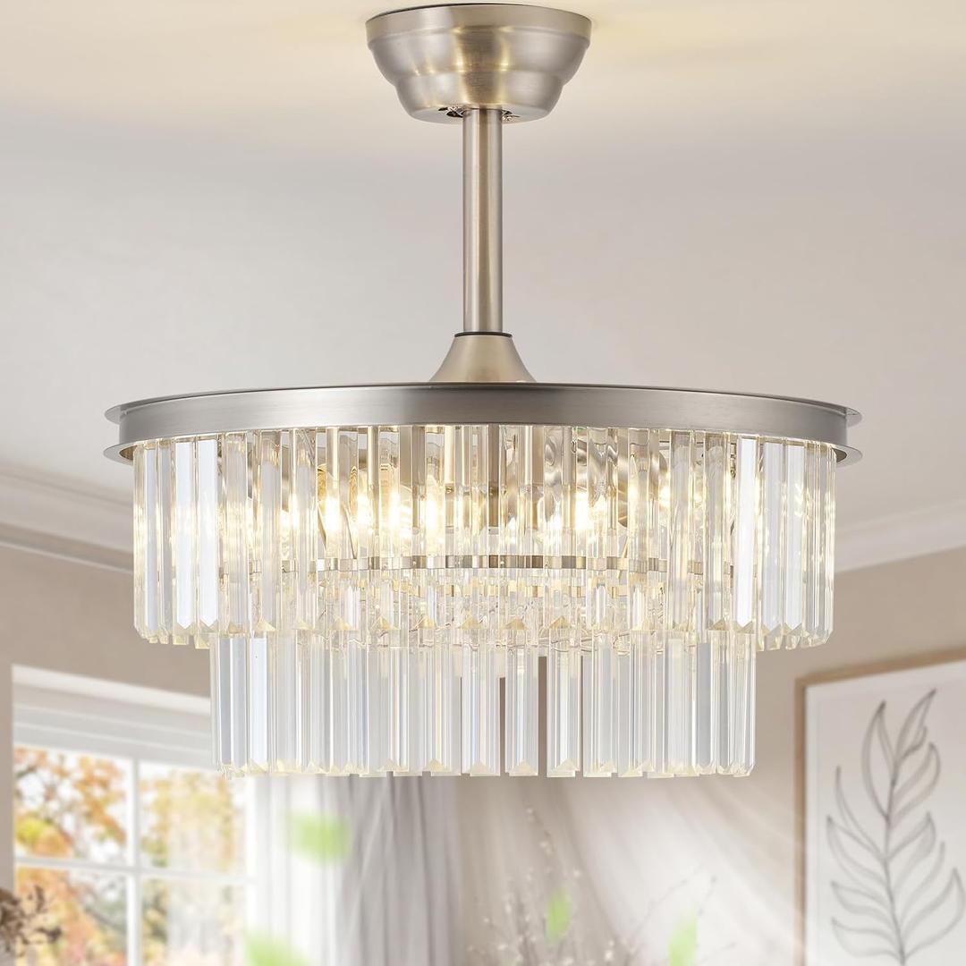 20" Silver Crystal Fandelier Ceiling Fans with Lights, Caged Silver Crystal Chandelier Ceiling Fan with Light Remote Control with 6 Speeds for Bedroom, Nursery, Living Room