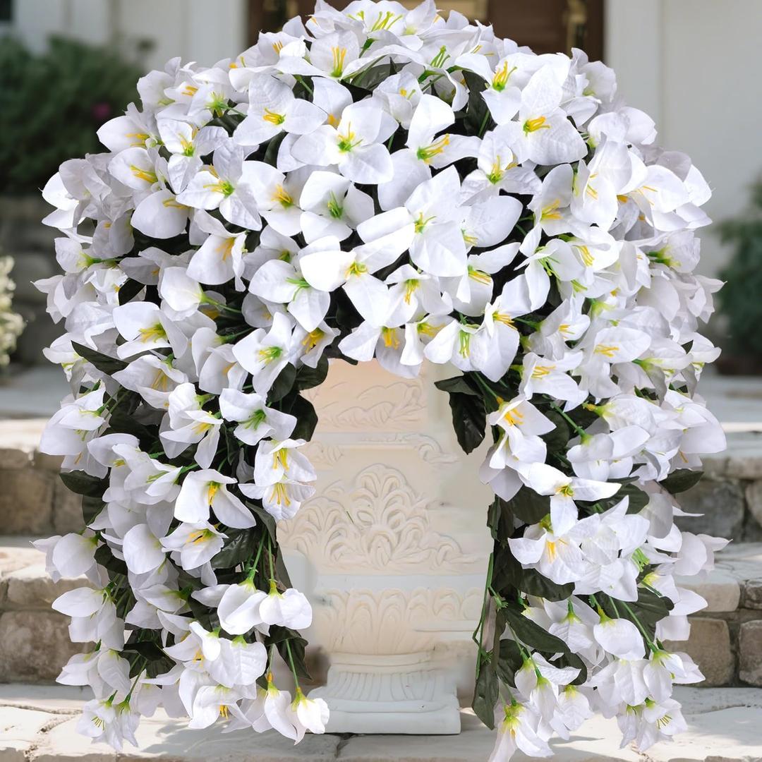 2pcs Outdoor Artificial Faux Bougainvillea Hanging Flowers Plants, Fake White Flowers Plant Silk UV Resistant for Outdoor Outside Summer, Decoration For Front Door Porch Planter Balcony (White)
