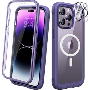 Diaclara Magnetic Designed for iPhone 14 Pro Case 6.1, [Compatible with MagSafe] Full Body Rugged Protective Case+ Camera Lens Protector with Built-in Screen Protector, Bumper (Royal Purple)