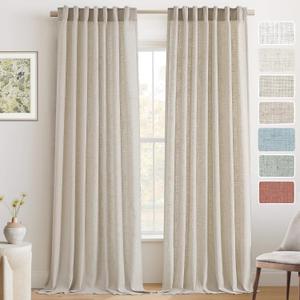 PrinceDeco Natural Semi Sheer Curtains 96 Inches Long 2 Panels Set for Bedroom,Back Tab and Rod Pocket Thick Linen Light Filtering Farmhouse Privacy Drapes for Living Room/Dining Room, 8 FT