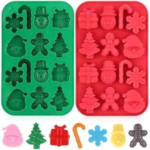 2 Pack Christmas Silicone Chocolate Molds, 3D Christmas Tree Snowflake Snowman Cane Molds, Xmas Non-stick Baking Mold for DIY Xmas Chocolate Candy Soap Biscuit Jelly Cake Ice Cube