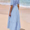PRETTYGARDEN Summer Dresses for Women 2026 Elegant Classy Short Sleeve V Neck Ruffle A Line Belted Long Beach Vacation Dress (Blue, XXL)