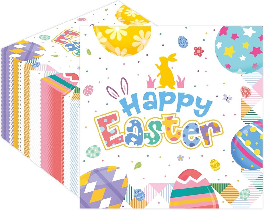 4 x 50Pcs Happy Easter Paper Napkins - Cartoon Colorful Eggs Bunny 13 x 13 Inches Luncheon Napkins Disposable Dessert Dinner Hand Napkins for Easter Birthday Party Supplies