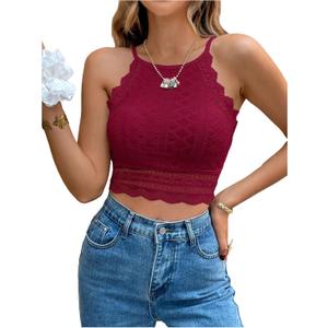 WDIRARA Women's Eyelet Halter Crop Top Lace Embroidery Slim Fitted Tops Solid Red, X-Small