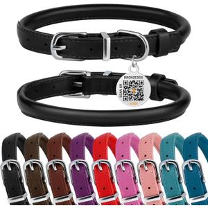 BRONZEDOG Rolled Leather Dog Collar for Small Medium Large Dogs with QR ID Tag (L: 16-18 Inch, Glossy Black)