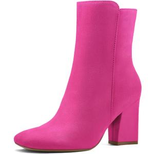 mysoft Women's Ankle Boots Square Toe Side Zipper GoGo Boots Chunky Block Heel Mid Calf Low Heeled Short Booties (8.5, Hot Pink)