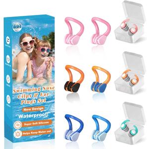 Swimming Nose Clip Ear Plugs - 9 Packs Silicone Swim Nose Plugs with Earplugs for Kids,Waterproof Pool Nose Plug for Diving Surfing and Other Water Sports with Storage Box, Multi-Color (Kids (Ages 4-12))