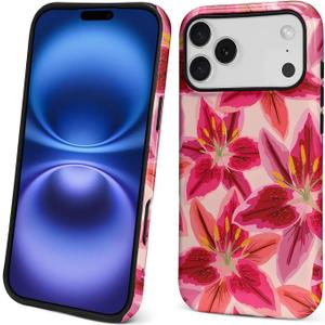 Compatible with iPhone 17 Pro Max Case,Dual-Layer Protection, Hard Shell with Silicone Interior Slim Scratch Resistant Shockproof for Woman Men Cute Colourful Flowers Lily