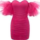 WDIRARA Women's Off Shoulder Puff Sleeve Prom Mesh Dress Ruched Cocktail Bodycon Party Elegant Mini Dresses (Medium, Hot Pink)