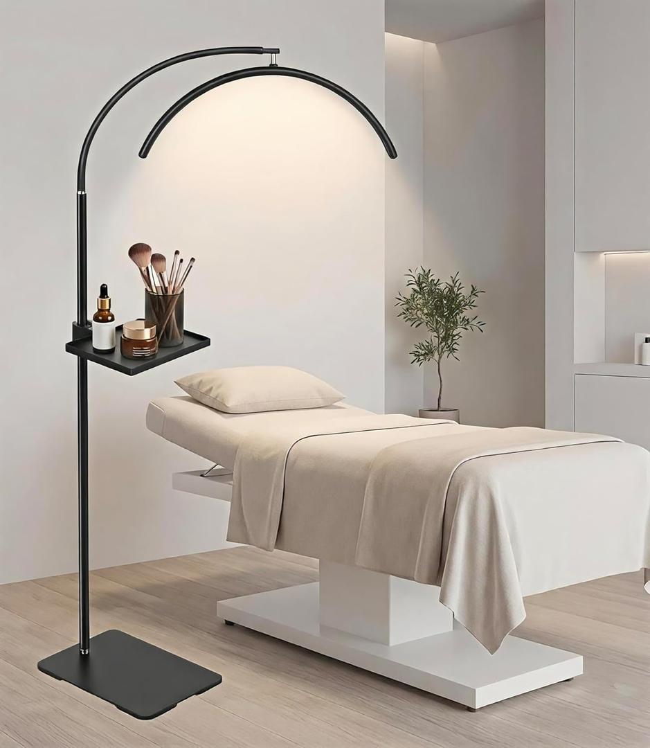 Half Moon LED Floor Light with Tool Tray for Lash Techs, Eyelash Extensions, Estheticians, Skincare, Nail Art, Tattoo Artists, Home & Office - Professional Shadow-Free Lamp | Dimmable (Black)