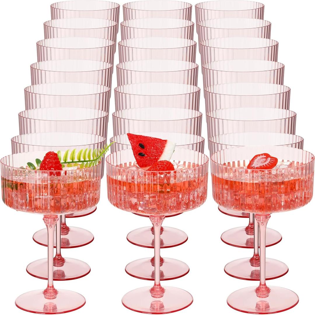 24 Pcs Ribbed Martini Glasses 10 oz Disposable Plastic Vintage Ribbed Coupe Glasses Unbreakable Dessert Parfait Glassware for Wedding Birthday Party Supplies (Pink)