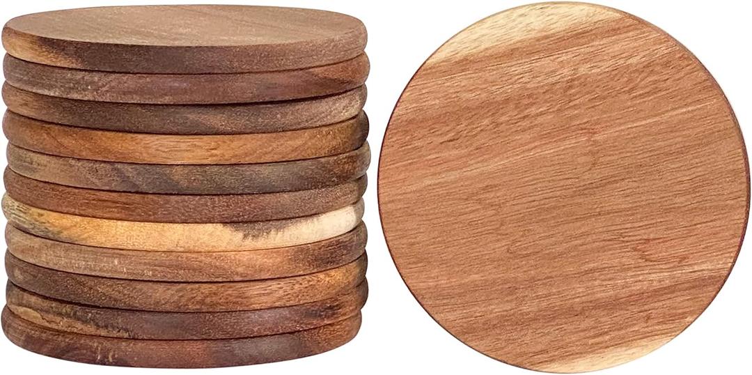 12 Pack Acacia Wood Drink Coasters, 3.74 Inch Round Wooden Cup Coasters