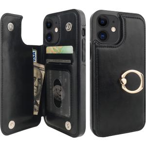 ONETOP for iPhone 12/12 Pro Wallet Case with Card Holder, 360 Rotation Ring Kickstand RFID Blocking PU Leather Double Magnetic Clasp Shockproof Cover for Women and Girls 6.1 Inch (Black)