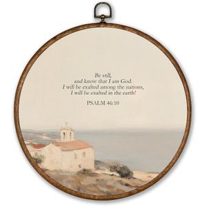 Voxitura Vintage Coastal Christian Wall Art Round Framed, Scripture Be Still Wall Decor Canvas Hanging Beachy Living Room, Landscape European Sea Prints Artwork Decorations for Bedroom Dorm 10x10in