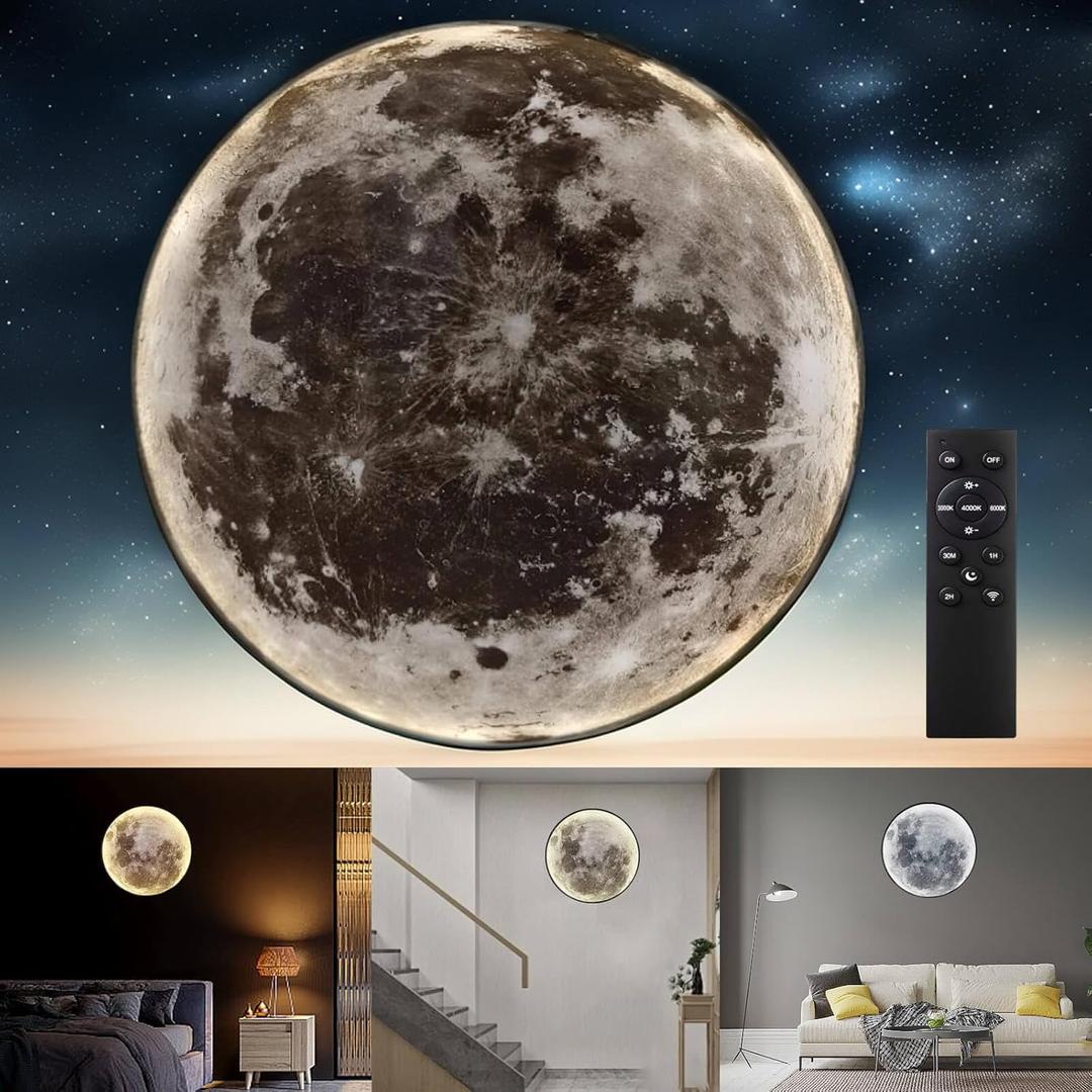Dimmable Moon Wall Lamp, Rechargeable Battery Operated Wall Sconce Moon Lights with Remote, 3 Color Indoor Wall Mounted Lighting Ceiling Light for Living Bedroom Birthday Christmas Gift - 12 inch