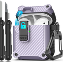RFUNGUANGO for Airpods 2nd and 1st Generation Protective Cases Automatic Pop-up with Safety Lock Clip, Full Body Shockproof Hard Case with Keychain (Cleaning Tool)- Purple