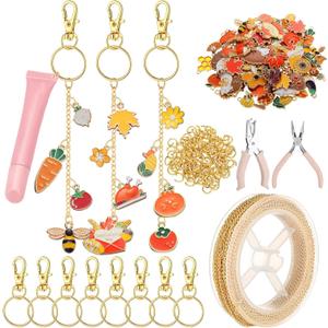 VioraWhite 213 Pcs Fall Theme Lip Gloss Keychain Making Kit 100 Pink Enamel Charms 32.81 ft Gold Chains for DIY Crafts Women