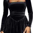 GOBLES Women's Sexy Long Sleeve Square Neck Velvet Bubble Mini Cocktail Party Dress (Medium, Black)