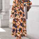 ZESICA Women's Floral Long Sleeve Midi Dresses 2026 Fall Boho V Neck Belted High Wasit Flowy Wedding Cocktail Party Dress (Brown, S)