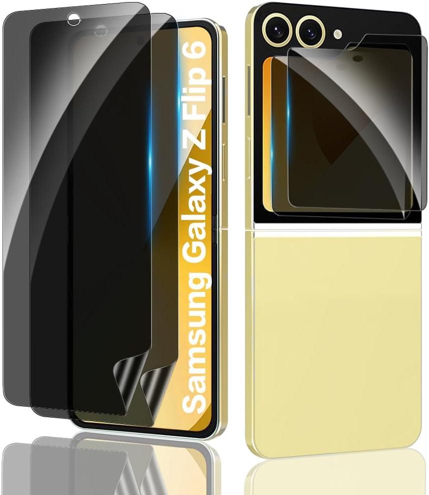 Privacy Screen Protector for Samsung Galaxy Z Flip 6, 2X Inner Soft Black TPU Flexible Film, 2X Tempered Glass Anti Spy Front Screen Saver, Case Friendly, Bubble Free, HD for Samsung Galaxy Z Flip 6