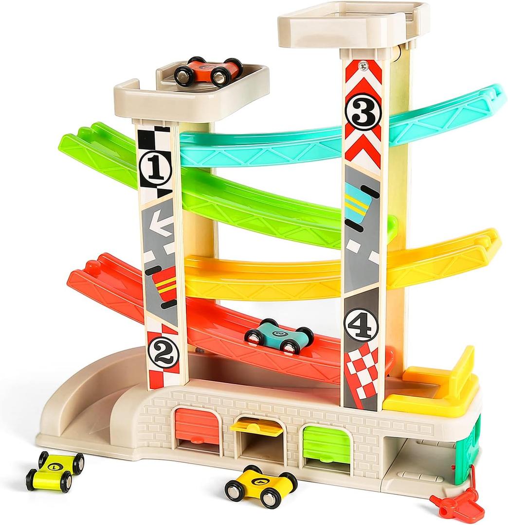 TOP BRIGHT Car Ramp Toys, Race Track Car Toy for Toddler Age 2-4 Year Old Boy with 4 Cars, Parking Lot & Gas Station, Toddler Toys for 2 Year Old Boy Toys, for 3 Year Old Boy