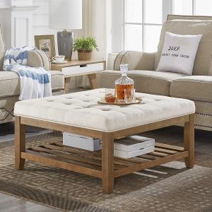 24KF Large Square Upholstered Tufted Linen Ottoman Coffee Table, Large Footrest Ottoman with Solid Wood Shelf-Ivory, 33.5"D x 33.5"W x 18"H