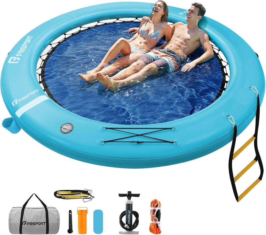 FBSPORT Inflatable Water Hammock Round Floating Ring, 10ft Inflatable Dock Floating Platform for Lake W/Cupholder, Sun Float Chill Raft Float Ring Tanning Pool Lounger Island Platform Pad, Blue, Water Hammock (10' Circle)