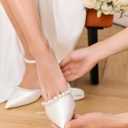 Coutgo Womens Pearl Kitten Heels Closed Pointed Toe Wedding Bride Dress Shoes Ankle Strap Satin Pumps (White, 10)