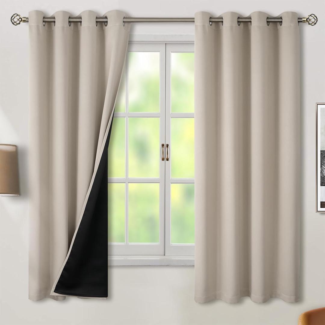 BGment Thermal Insulated 100% Blackout Curtains for Bedroom with Black Liner, Double Layer Full Room Darkening Noise Reducing Grommet Curtain (52 x 63 Inch, Cashmere, 2 Panels)