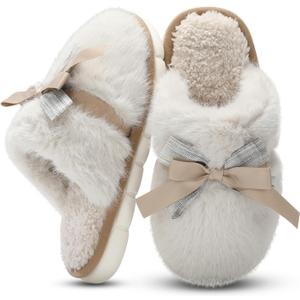 GOEWY Cute Women's Memory Foam House Slippers - Fuzzy Plush Faux Fur Slippers with Bow Butterfly Tie - Anti-Skid Indoor/Outdoor Gifts for Women, Moms & Ladies (9-10, Beige)
