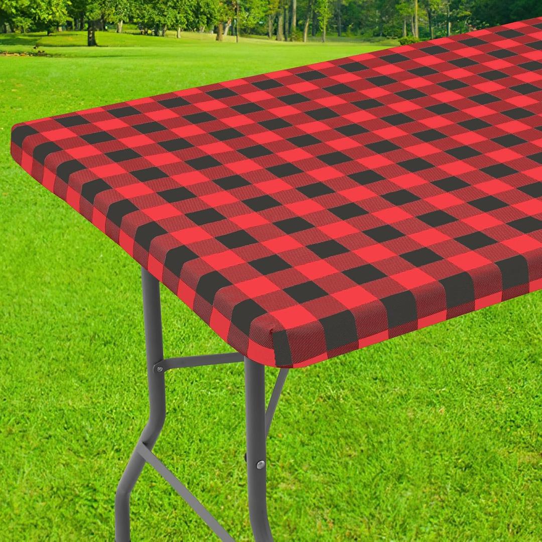 Smiry Rectangle Picnic Table Cloth, Elastic Waterproof Fitted Vinyl Tablecloths, Flannel Backed Buffalo Plaid Table Covers for Dining, Camping, Outdoor (Black and Red, 30" x 72")