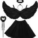 WILDPARTY Angel Costume Accessories for Women, Tulle Tutu Skirt, Angel Wings and Halo Wings and Halo Black Angel Costume for Women Photo Shoot Prop, Halloween Costume
