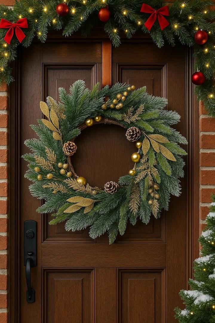 NeoL'artes 26inch Gold Wreath for Porch Front Door Mantle and Fireplace Wrapped Grapevine with Ornaments Snow Pinecones Winter Season Home Decor