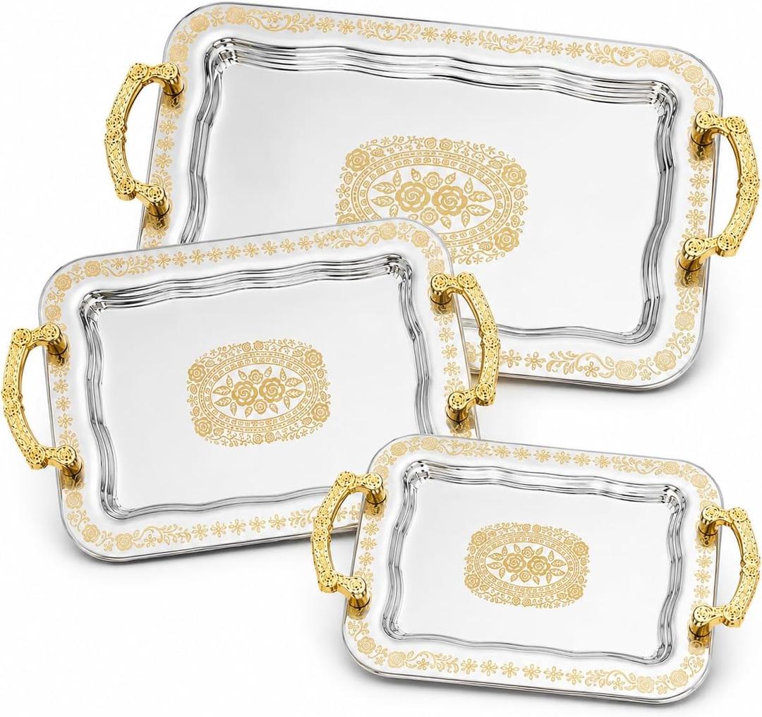 3 Pcs Silver Serving Trays with Handles